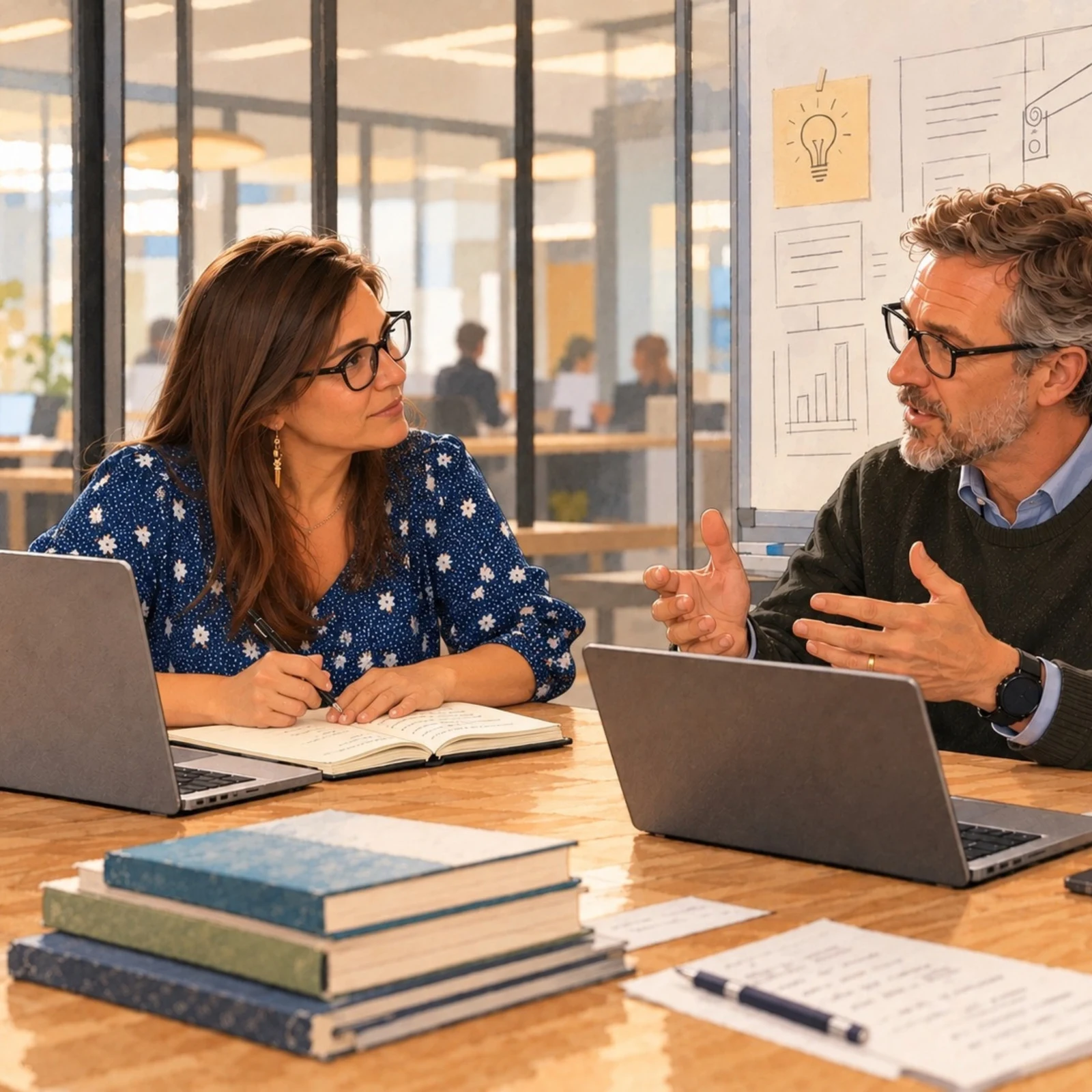 Two communications professionals discussing ideas at a table with laptops and notebooks